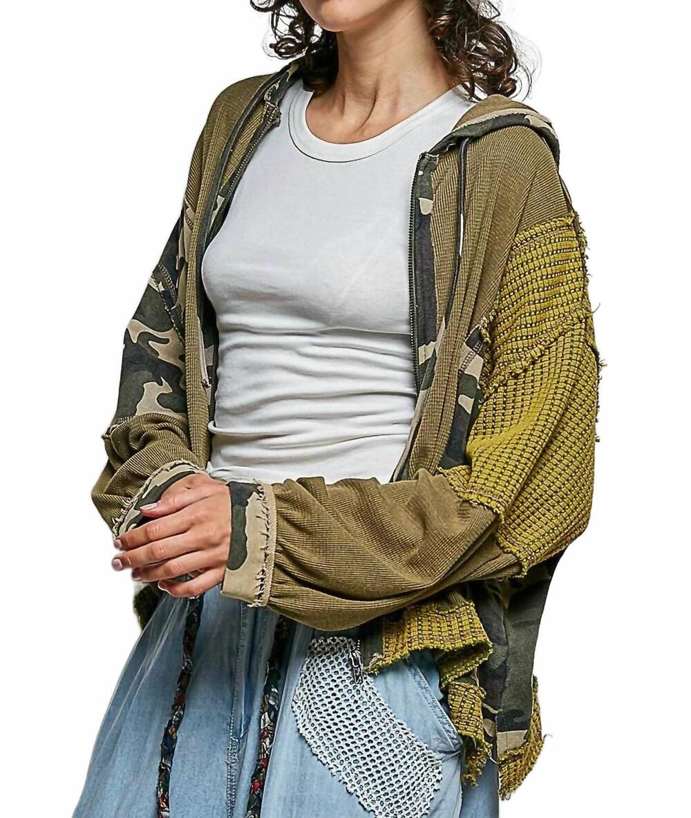 NEW POL camo mixed fabrics oversized hoodie top in olive green